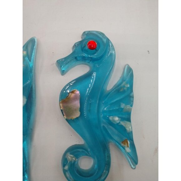 Set of 3 Handcrafted Vintage MCM Acrylic Lucite Blue Glass Seahorse Wall Art Wit - Picture 4 of 6